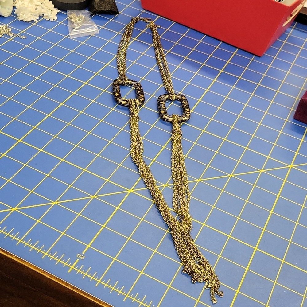 Leopard Animal Rectangle Multi Strand 30" Chain Necklace Tassel